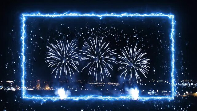 Abstract animated fireworks display with light frame and dark night sky