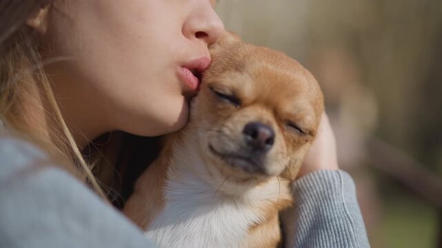 gentle woman embraces tiny dog in sunlight, loving woman and small dog share tender sunny moment outdoors, woman showing affection as she gently kisses and strokes her small dog in park