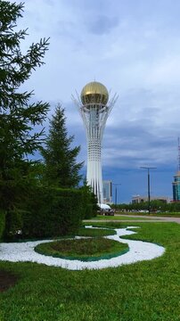 ASTANA, KAZAKHSTAN &ndash; July 30, 2023: Baiterek Tower. Monument and observation tower in Kazakhstan. The main symbol of the city against the background of modern buildings. The city of Nur Sultan. 4K
