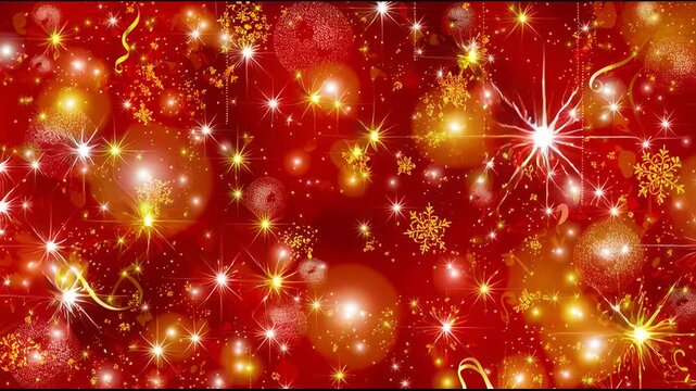 Festive red background adorned with shimmering snowflakes and sparkling ornaments, creating a warm holiday atmosphere, camera pans across the scene