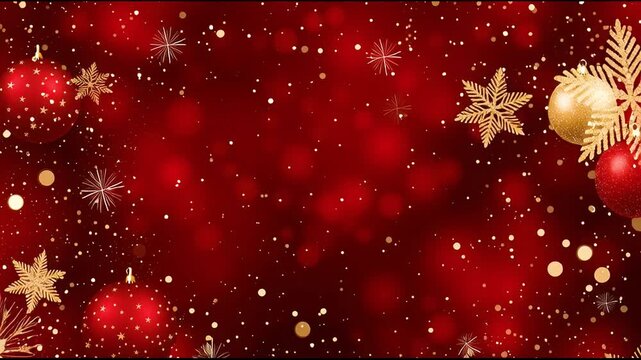 Festive red background adorned with shimmering snowflakes and sparkling ornaments, creating a warm holiday atmosphere, camera pans across the scene