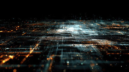 Abstract digital landscape of glowing data lines and shimmering particles, depicting interconnected networks and technological advancement.