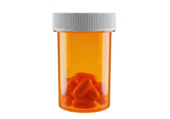 Orange prescription pill bottle with white cap containing several orange capsule medication inside, isolated on transparent background