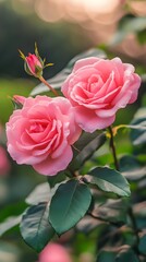 Two vibrant pink roses and a bud with soft sunlight flowers bloom photo