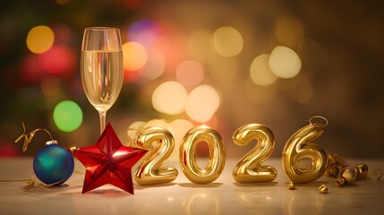Festive New Year still life with champagne stars and gold numbers celebrating a bright future