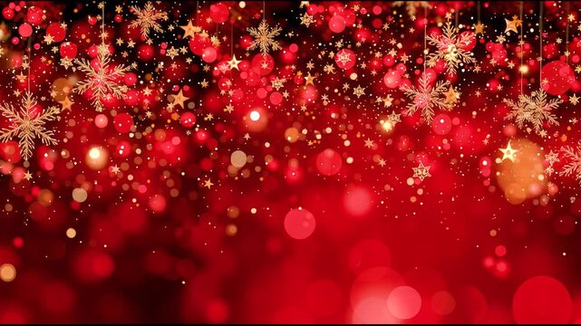 Festive red background adorned with shimmering snowflakes and sparkling ornaments, creating a warm holiday atmosphere, camera pans across the scene