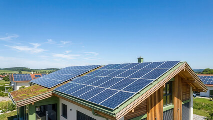 Modern eco-friendly house with solar panels capturing sunlight in a clear blue sky