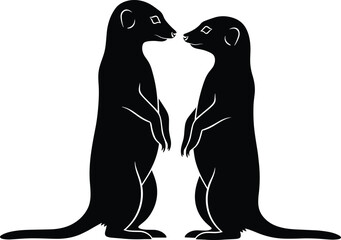 Two meerkats standing face to face silhouette, wildlife animal illustration, desert mammal design, alert posture art, nature themed vector artwork