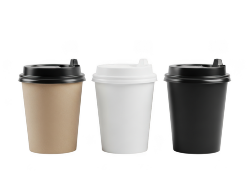 Three disposable coffee cups with lids, one brown, one white, and one black, isolated on transparent background
