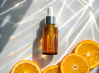 Vitamin C whitening cosmetic product. Amber glass bottle with orange slices decoration. Radiant holographic light. Serum for face skin care. Mock-up illustration.