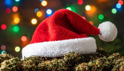 Festive Cannabis Buds: Santa Hat Placed on Marijuana with Bokeh Christmas Lights Background