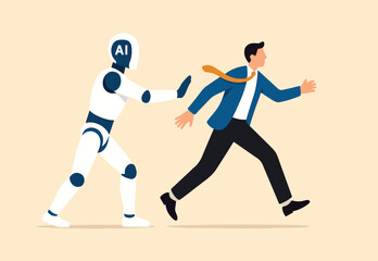AI Artificial Intelligence to replace human job, lay off or fired employee using AI substitution, innovation or tech evolution, robot hand push away human to replaced with AI artificial Intelligence