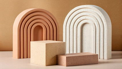 Art deco style decoration. Stylish and attractive geometric shapes presented in warm earthy tones. Terrazzo, concrete, mineral stone materials in show case for products display.