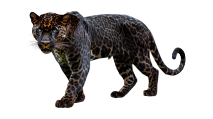 Black Leopard Walking Forward isolated on a transparent background