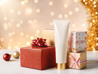 A luxurious Holiday Skincare Gift Set featuring a beautiful glowing background design