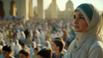 Woman at a religious gathering in an outdoor setting, likely at a mosque or temple, engaging with the crowd. She's dressed in traditional Islamic attire.