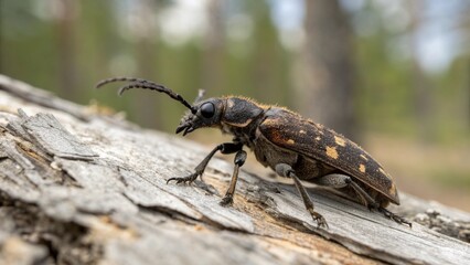 Macro photo of an Old House Borer beetle (Hylotrupes bajulus) resting on weathered pine wood in a coniferous forest.