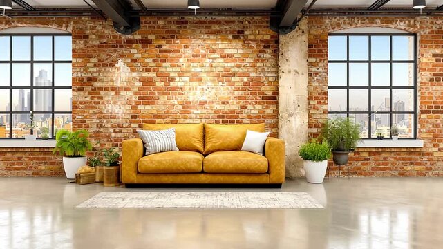Contemporary urban loft living room with a vibrant yellow sofa against exposed brick and large windows framing a bustling cityscape, empty and ready for personal styling