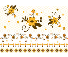 Vector set of Yellow, brown vintage floral design elements, ornamental frame, flower, leaf, and plant illustrations for decoration and border art. Native American tribal fabric. cards, picture books