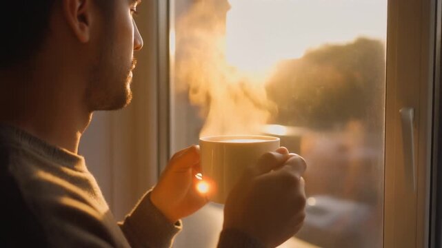 Una persona sostiene un caf&eacute; cremoso y humeante mientras observa un bonito atardecer a trav&eacute;s de una ventana. La luz c&aacute;lida del sol crea un ambiente tranquilo y acogedor.