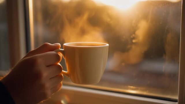 Una persona sostiene un caf&eacute; cremoso y humeante mientras observa un bonito atardecer a trav&eacute;s de una ventana. La luz c&aacute;lida del sol crea un ambiente tranquilo y acogedor.