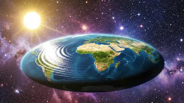 Conceptual 3D rendering of a flat Earth disc floating in a vast, star-filled cosmic galaxy with
