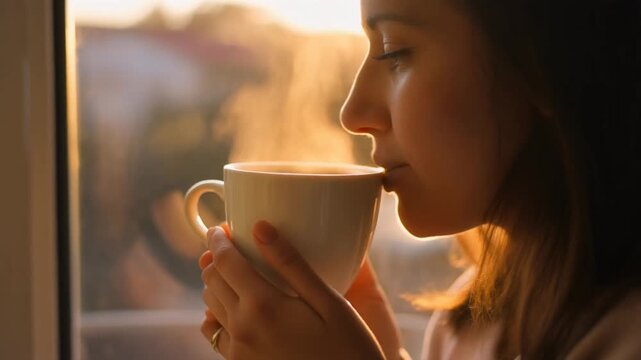 Una persona sostiene un caf&eacute; cremoso y humeante mientras observa un bonito atardecer a trav&eacute;s de una ventana. La luz c&aacute;lida del sol crea un ambiente tranquilo y acogedor.