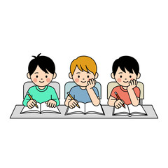 Three cheerful children studying at a desk with books and pencils showcasing a collaborative learning atmosphere
