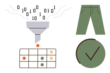 Funnel filters digital data into a grid, categorizing content with validation checkmark and green trousers. Ideal for technology, data processing, validation, AI, sorting algorithms, machine