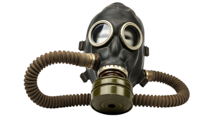 Close up of a black gas mask with a brown hose and a green filter on a black background background transparent 