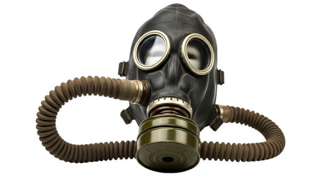 Close up of a black gas mask with a brown hose and a green filter on a black background background transparent 