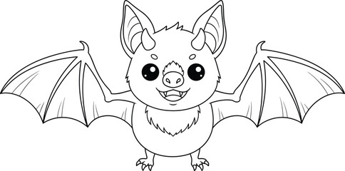 Cute cartoon bat with wings spread, smiling face and horns, flat vector illustration for kids, Halloween, animal character design