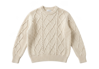 Cream colored cable knit wool sweater with intricate diamond pattern, isolated on transparent background