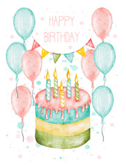 Watercolor happy birthday card, cake with balloons and bunting, clip art.