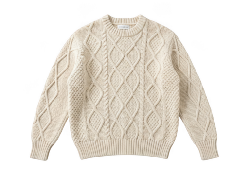 Cream colored cable knit wool sweater with intricate diamond pattern, isolated on transparent background