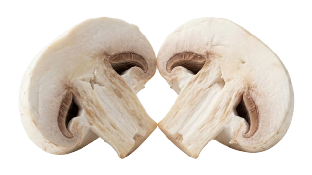 Mushroom Halves: Freshly sliced mushroom halves displayed, offering a glimpse of the texture and detail of this versatile culinary ingredient.