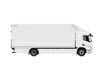 White modern delivery box truck isolated on transparent background for logistics and freight transport concept