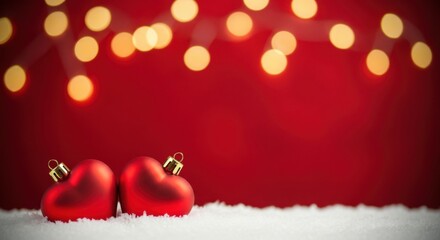Red heart baubles on snow with festive bokeh lights