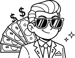 Confident cartoon person in suit with sunglasses and dollar bills, black and white flat vector illustration for wealth, business