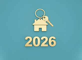 Golden house icon and keyring are centered above the number 2026 on a teal background. Concept Real Estate business Happy New Year 2026 celebration.