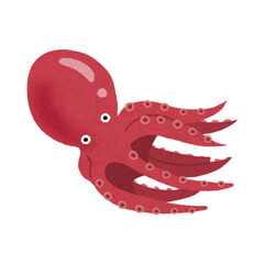 A cute and whimsical red octopus with its tentacles spread wide, perfect for children's books and marine-themed designs