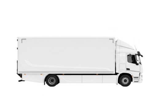 White modern delivery box truck isolated on transparent background for logistics and freight transport concept