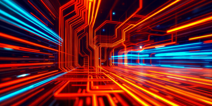Experience the mesmerizing flow of digital circuitry illuminated by vibrant neon lights