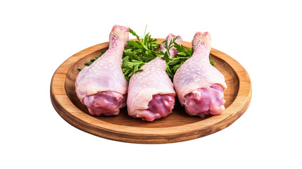 Three raw chicken legs with parsley isolated on a transparent background