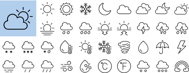 Weather forecast icons set in clean flat vector illustration, climate symbols, temperature indicators, cloud patterns, rain, snow, wind, storm elements for meteorology