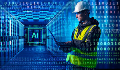 AI infrastructure engineering involves a technician inspecting data center servers, using a laptop to monitor system performance and support machine-learning operations.