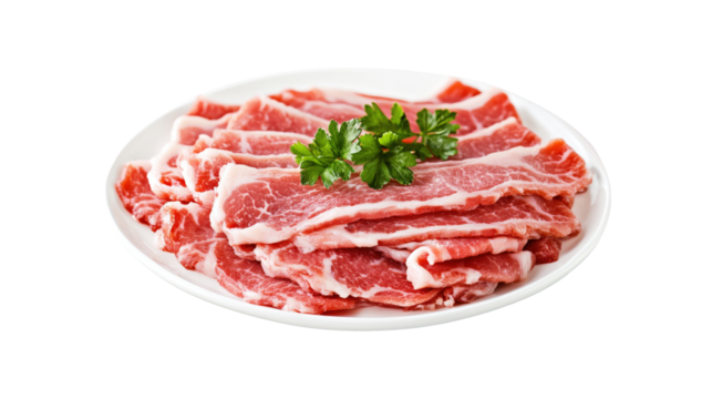 Thinly Sliced Raw Pork Belly isolated on a transparent background