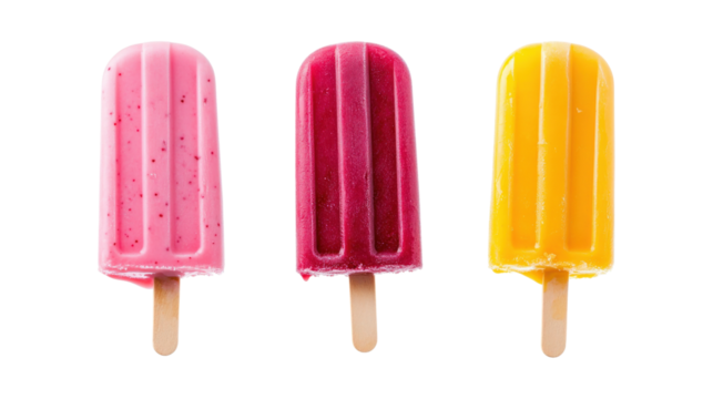 Three fruit popsicles isolated on a transparent background