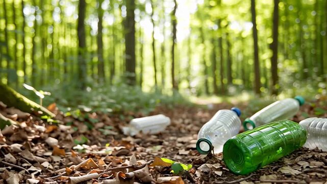 Close up view of discarded plastic bottles lying on the ground in a lush green forest, highlighting the problem of environmental pollution