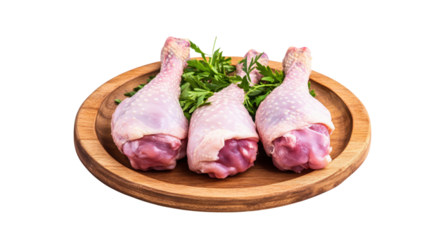 Three raw chicken legs with parsley isolated on a transparent background